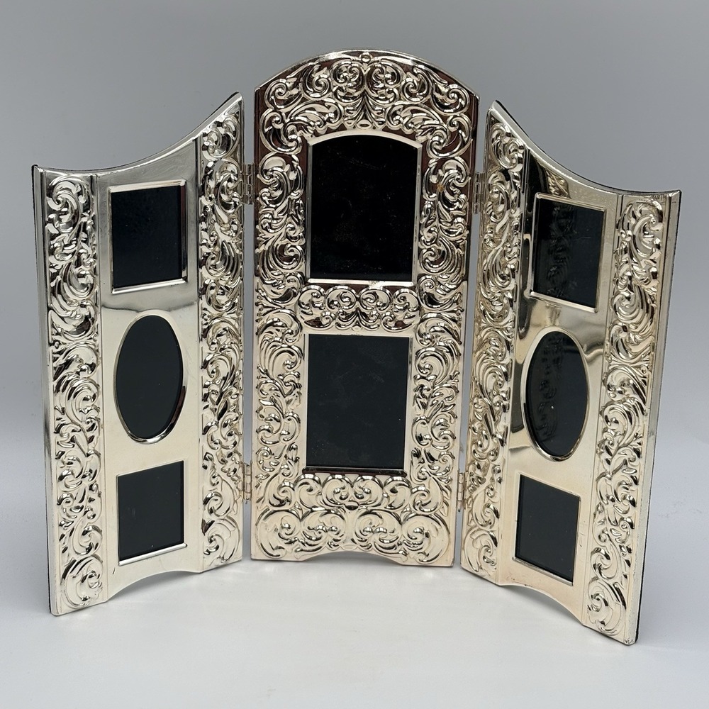 Ornate Silver Tone Folding 8 Photo Collage Frame Baroque Rococo 12 Inch
